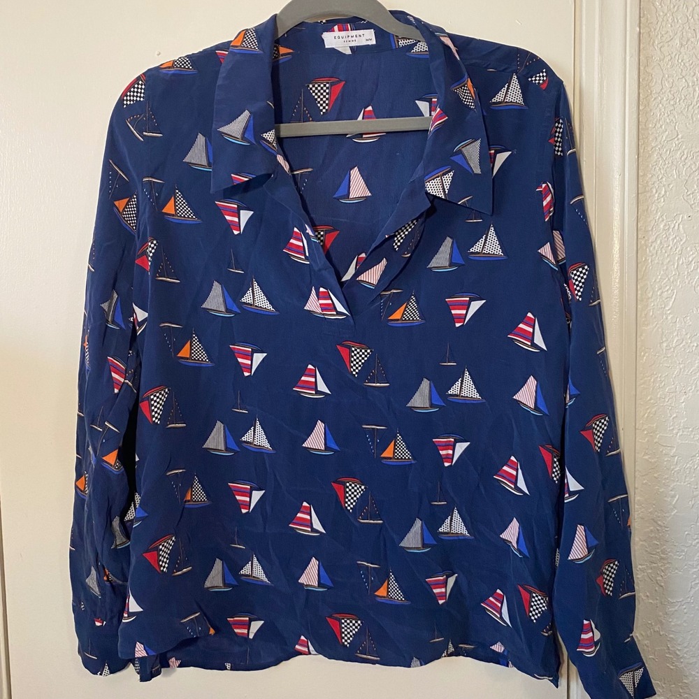 Equipment Femme Silk Blouse Blue Sailboat Print Collared Long Sleeve Top‎